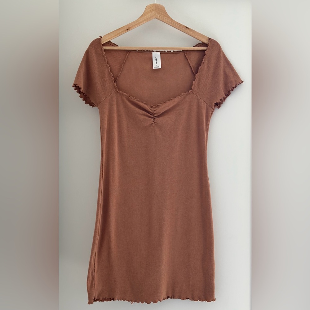 Abound medium brown lettuce edge rib knit sweetheart neckline mini bodycon dress